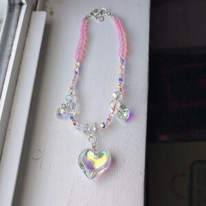 Pink Crystal Hearts Beaded Necklace